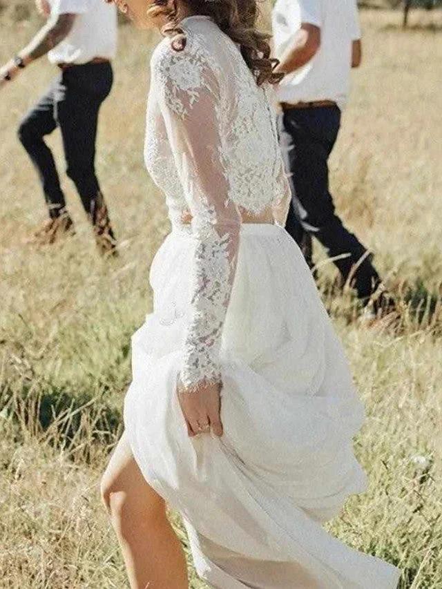 Long Two Piece A-Line Jewel Neck Lace Chiffon Wedding Dresses with Sleeves by BIZTUNNEL