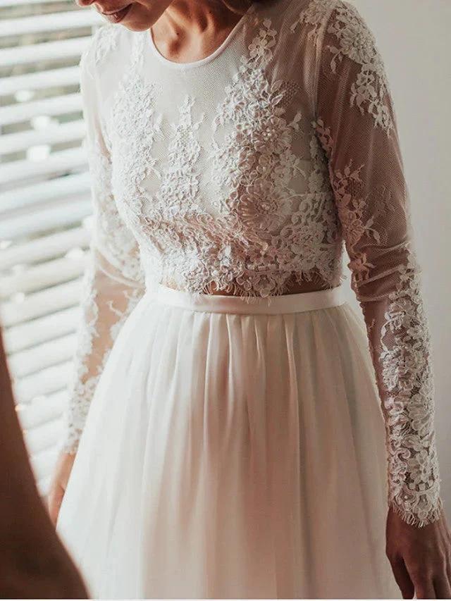 Long Two Piece A-Line Jewel Neck Lace Chiffon Wedding Dresses with Sleeves by BIZTUNNEL