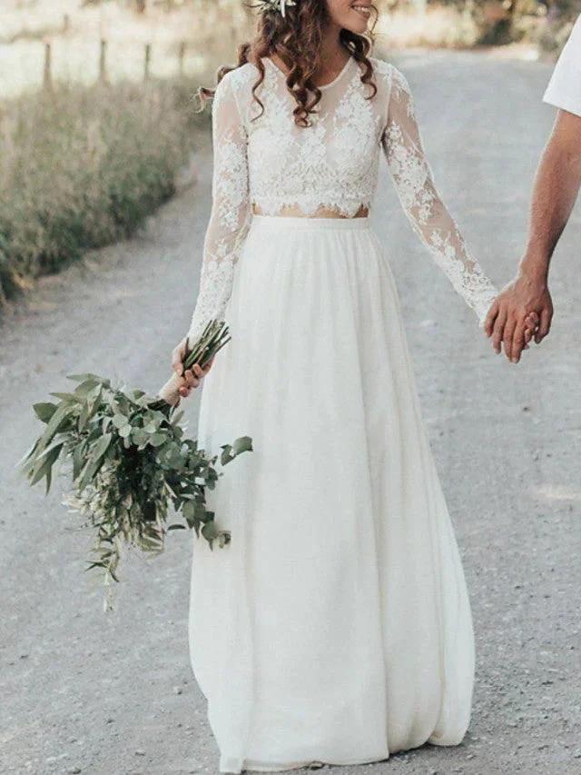 Long Two Piece A-Line Jewel Neck Lace Chiffon Wedding Dresses with Sleeves by BIZTUNNEL