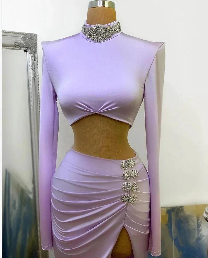 Long Two Piece Mermaid High Neck Split Prom Dress with Sleeves by BIZTUNNEL