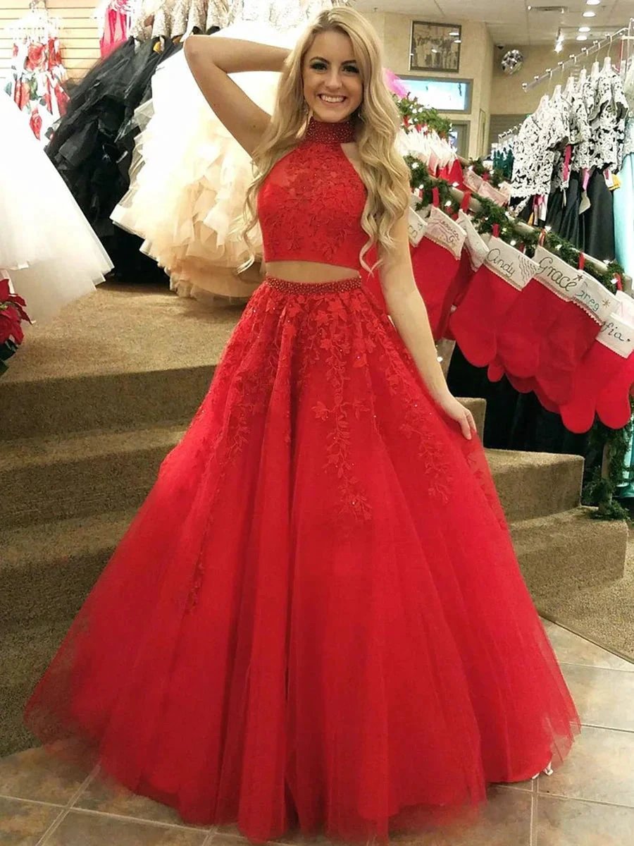 Long Two Pieces A-line High Neck Tulle Lace Formal Prom Dresses by BIZTUNNEL