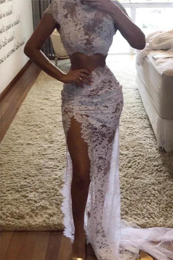 Long Two Pieces Lace Formal Evening Dresses with Slit by BIZTUNNEL