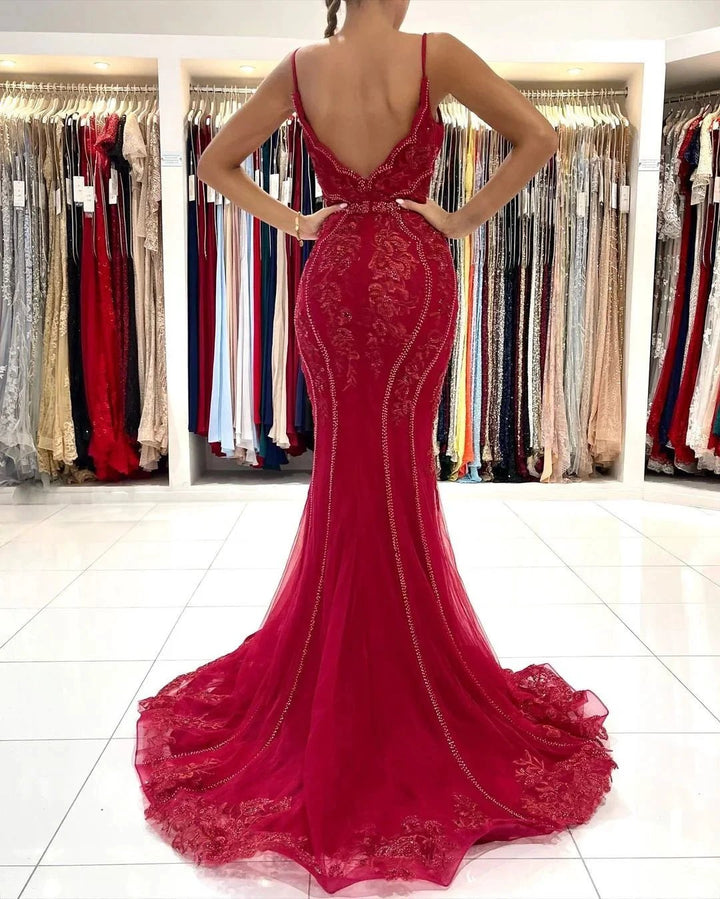 Long V-neck Tulle Lace Open Back Mermaid Prom Dress with Glitter by BIZTUNNEL