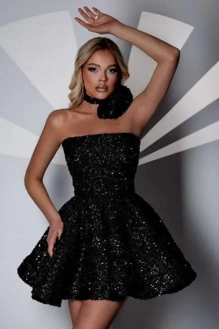 Lovely Short A-Line Sequined Sleeveless Black Homecoming Dress by misshow.com