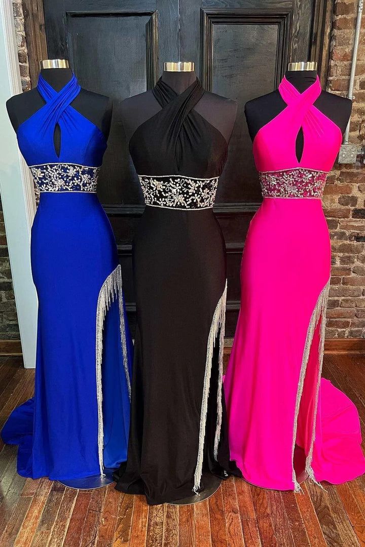 Lulie | Cross-Front Beaded Fringe Long Prom Dress with Slit by KissProm