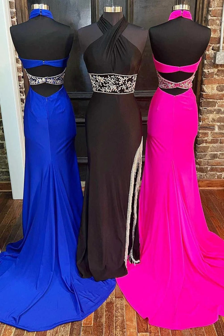 Lulie | Cross-Front Beaded Fringe Long Prom Dress with Slit by KissProm