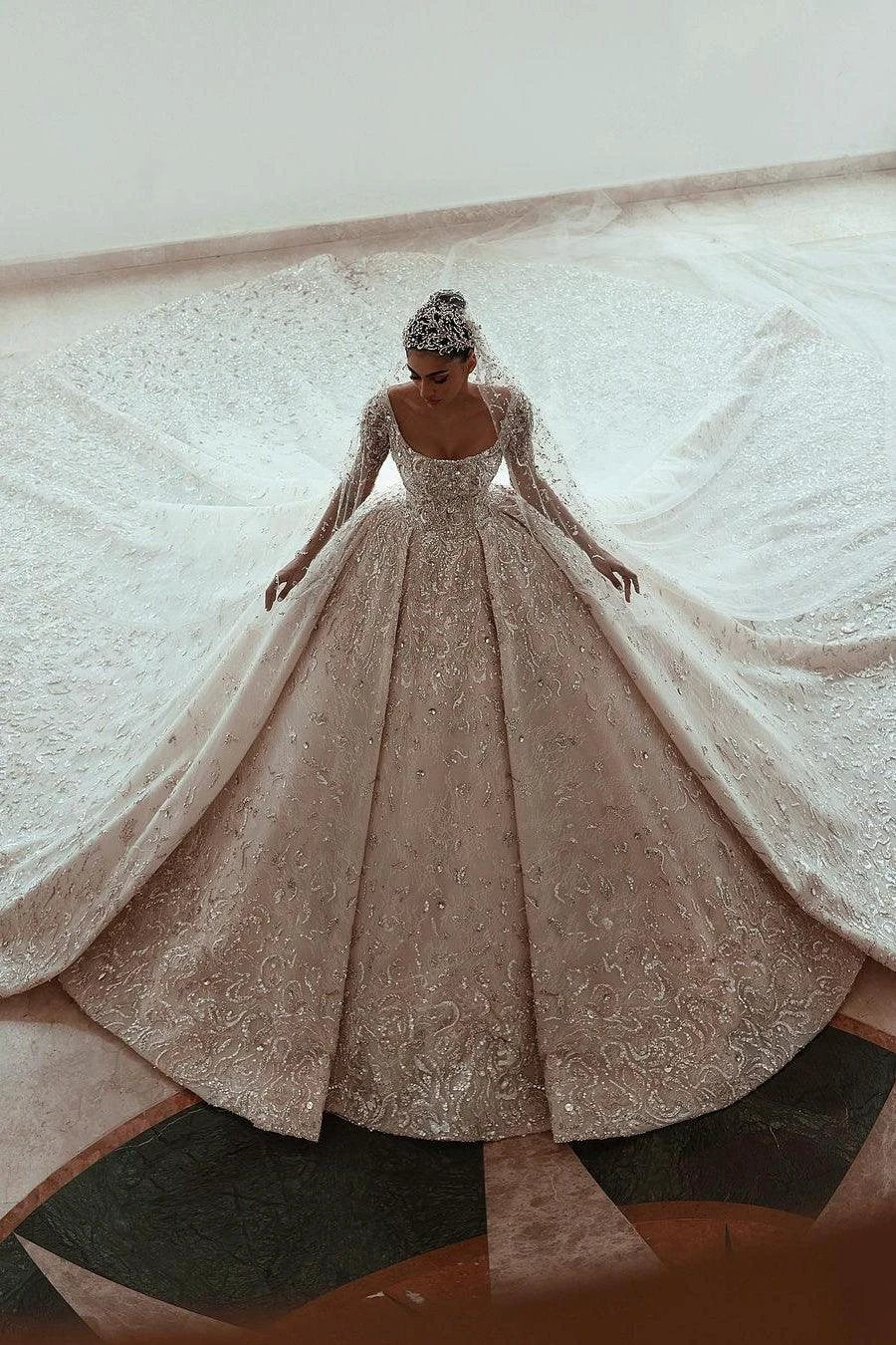 Luxurious A-line Long Sleeves Lace Wedding Dress With Train by misshow.com