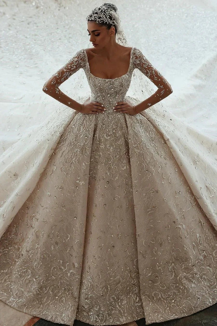 Luxurious A-line Long Sleeves Lace Wedding Dress With Train by misshow.com