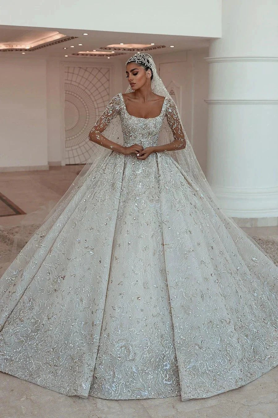 Luxurious A-line Long Sleeves Lace Wedding Dress With Train by misshow.com
