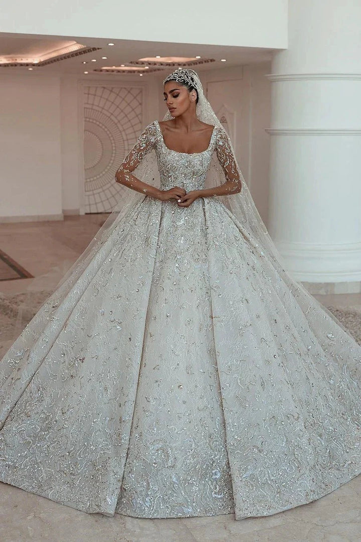 Luxurious A-line Long Sleeves Lace Wedding Dress With Train by misshow.com