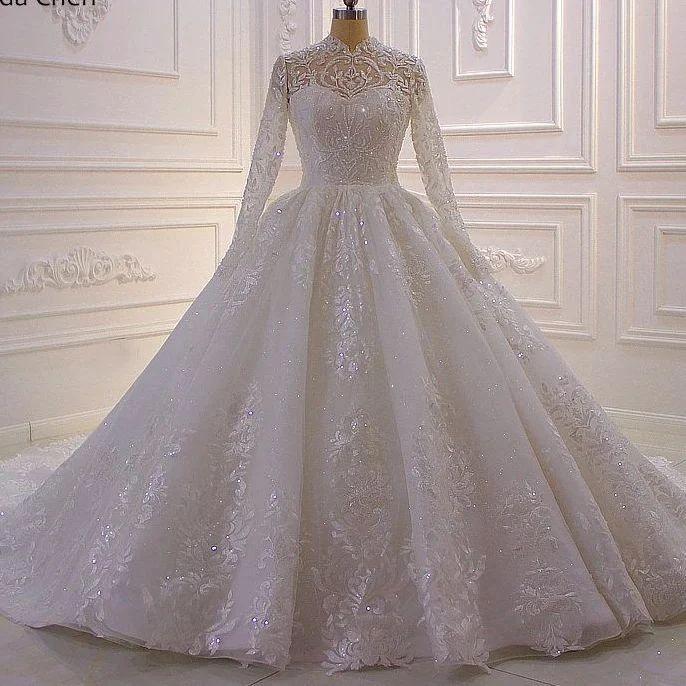 Luxurious High Neck A-line Lace Sequined Wedding Dress With Long Sleeves by misshow.com