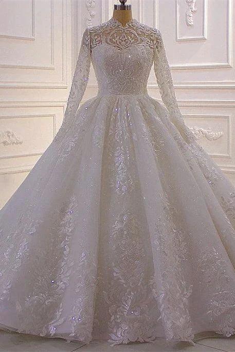 Luxurious High Neck A-line Lace Sequined Wedding Dress With Long Sleeves by misshow.com