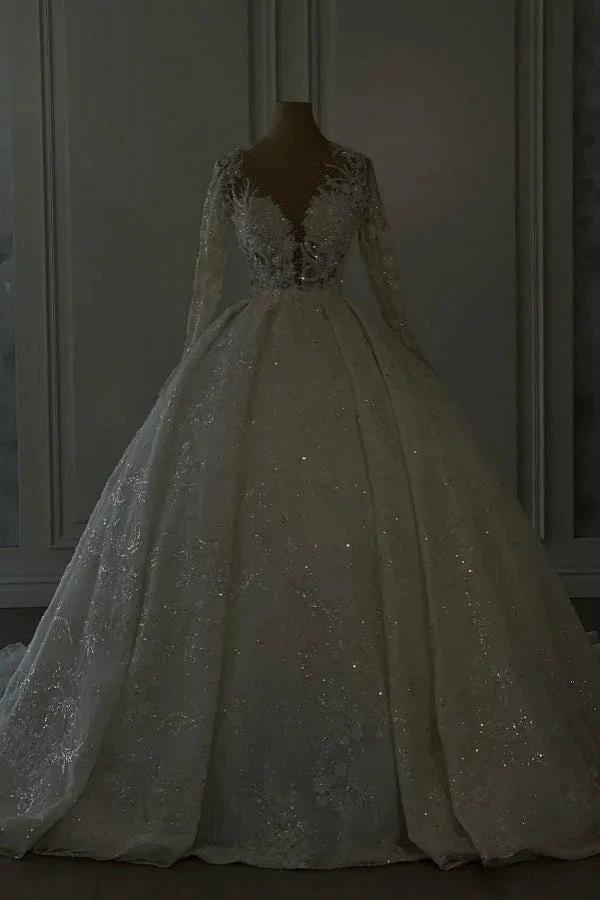 Luxurious Long Ivory A-line V-neck Lace Long Sleeves Wedding Dress with Glitter by misshow.com