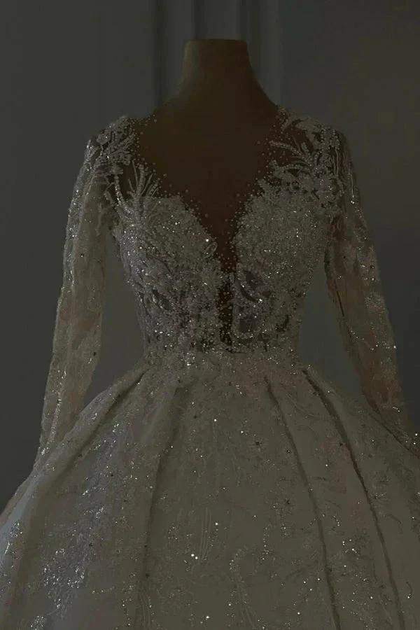 Luxurious Long Ivory A-line V-neck Lace Long Sleeves Wedding Dress with Glitter by misshow.com