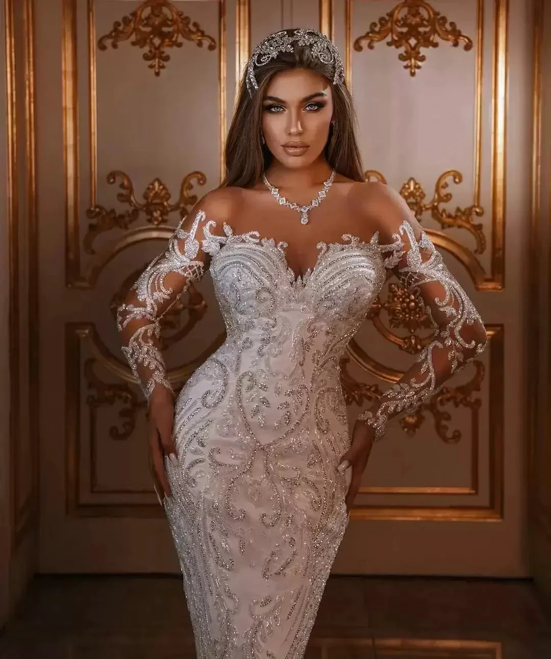 Luxurious Long Mermaid Sweetheart Satin Sweep Train Floral Appliques Wedding Dress with Sleeves by BIZTUNNEL