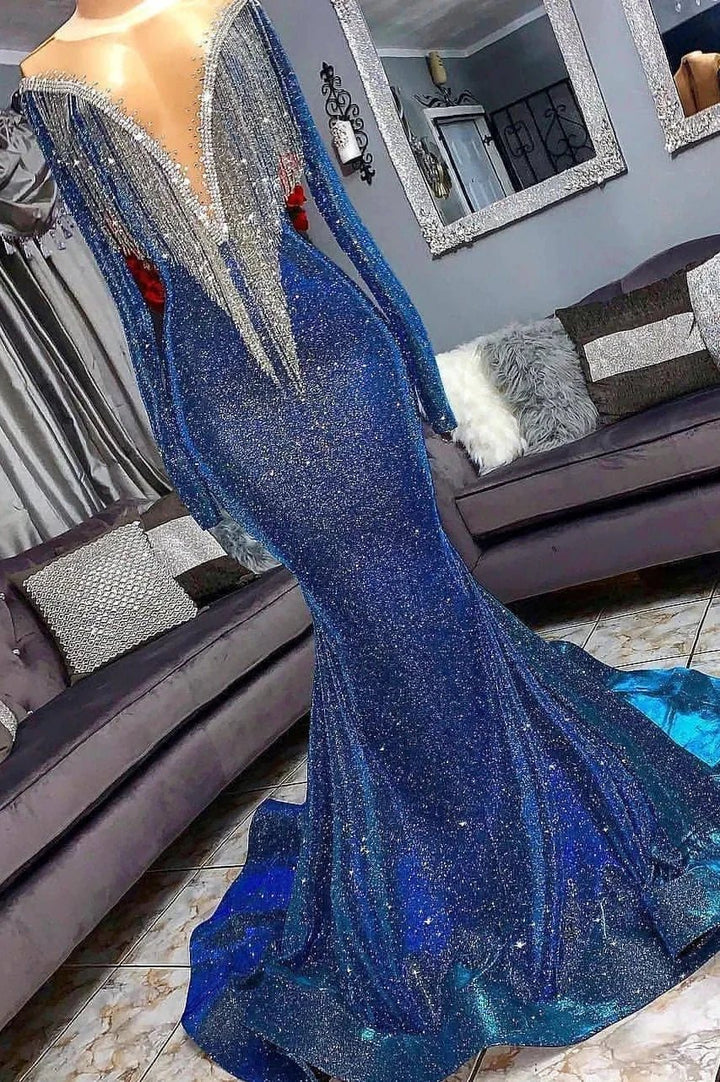 Luxurious Long Sheer Neckline Mermaid Sequins Prom Dresses with Sleeves by BIZTUNNEL