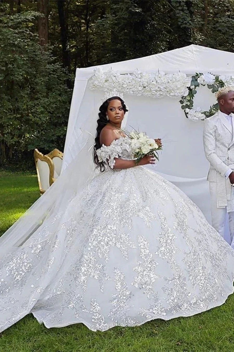Luxurious Long White A-line Off-the-shoulder Lace Sequined Wedding Dress by misshow.com