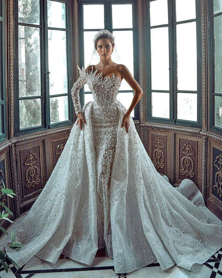 Luxurious Long White One Shoulder A-line Beading Pearls Long Sleeve Weeding Dress With Train by misshow.com