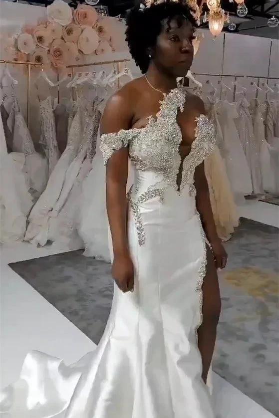Luxurious Long White One Shoulder Sleeveless Jewel Wedding Dress With Detachable Train by misshow.com