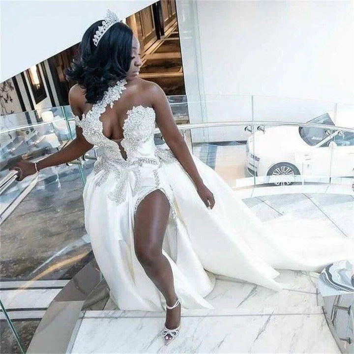 Luxurious Long White One Shoulder Sleeveless Jewel Wedding Dress With Detachable Train by misshow.com