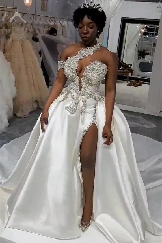 Luxurious Long White One Shoulder Sleeveless Jewel Wedding Dress With Detachable Train by misshow.com