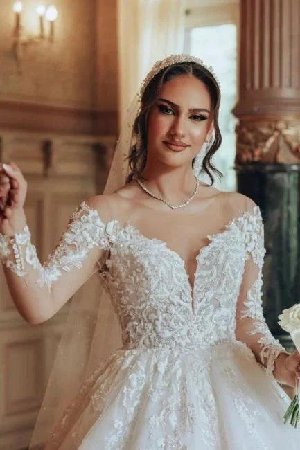 Luxurious Long White Scoop Neck A-line Tulle Lace Wedding Dress with Long Sleeves by misshow.com