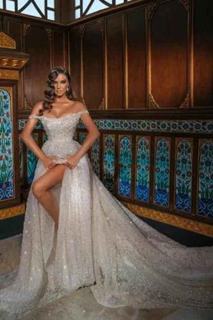 Luxurious Off-the-Shoulder Shinny Crystals Ball Gown with Front Slit Chapel Train by misshow.com