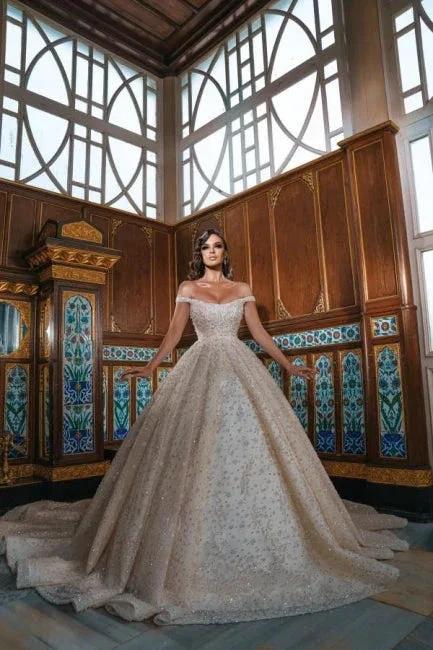 Luxurious Off-the-Shoulder Shinny Crystals Ball Gown with Front Slit Chapel Train by misshow.com