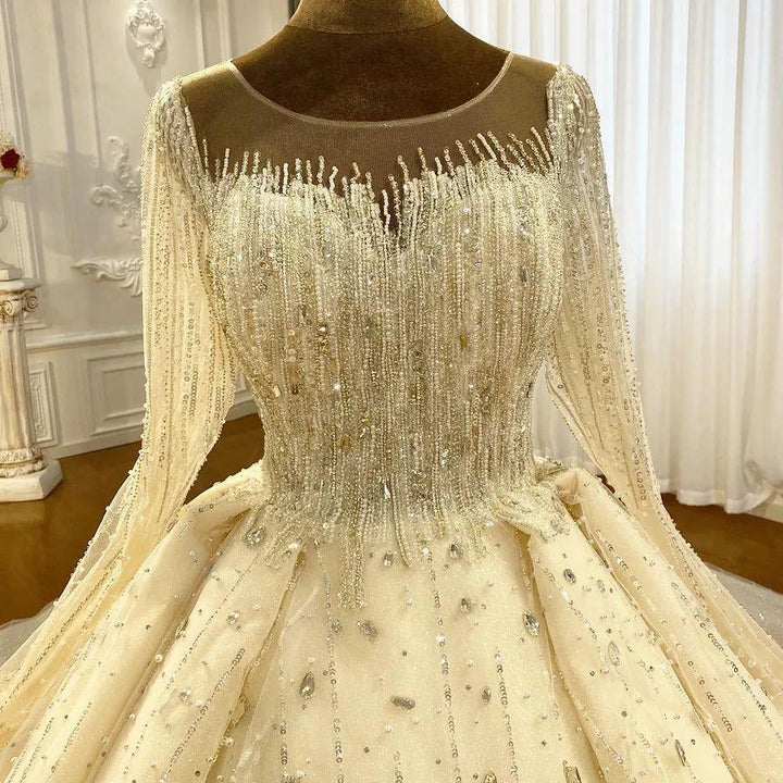 Luxurious Princess Ivory Long Sleeves A-line Wedding Dress With Beads by misshow.com