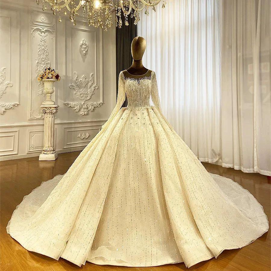 Luxurious Princess Ivory Long Sleeves A-line Wedding Dress With Beads by misshow.com