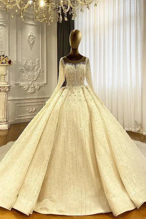Luxurious Princess Ivory Long Sleeves A-line Wedding Dress With Beads by misshow.com