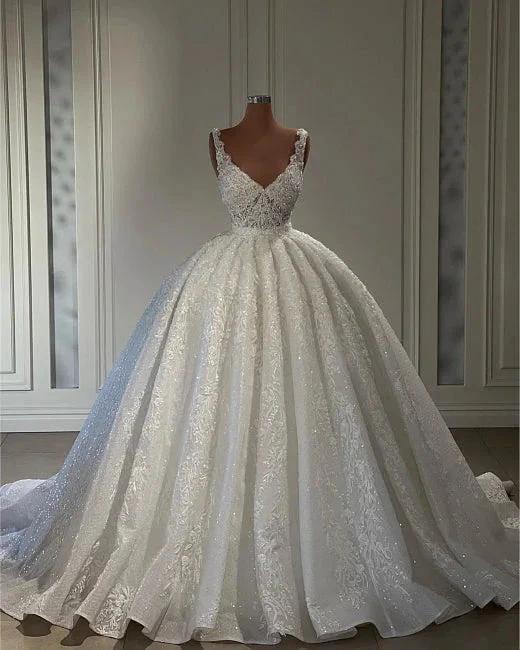 Luxurious Straps Sweetheart Lace Sleeveless Ball Gown Wedding Dresses by misshow.com