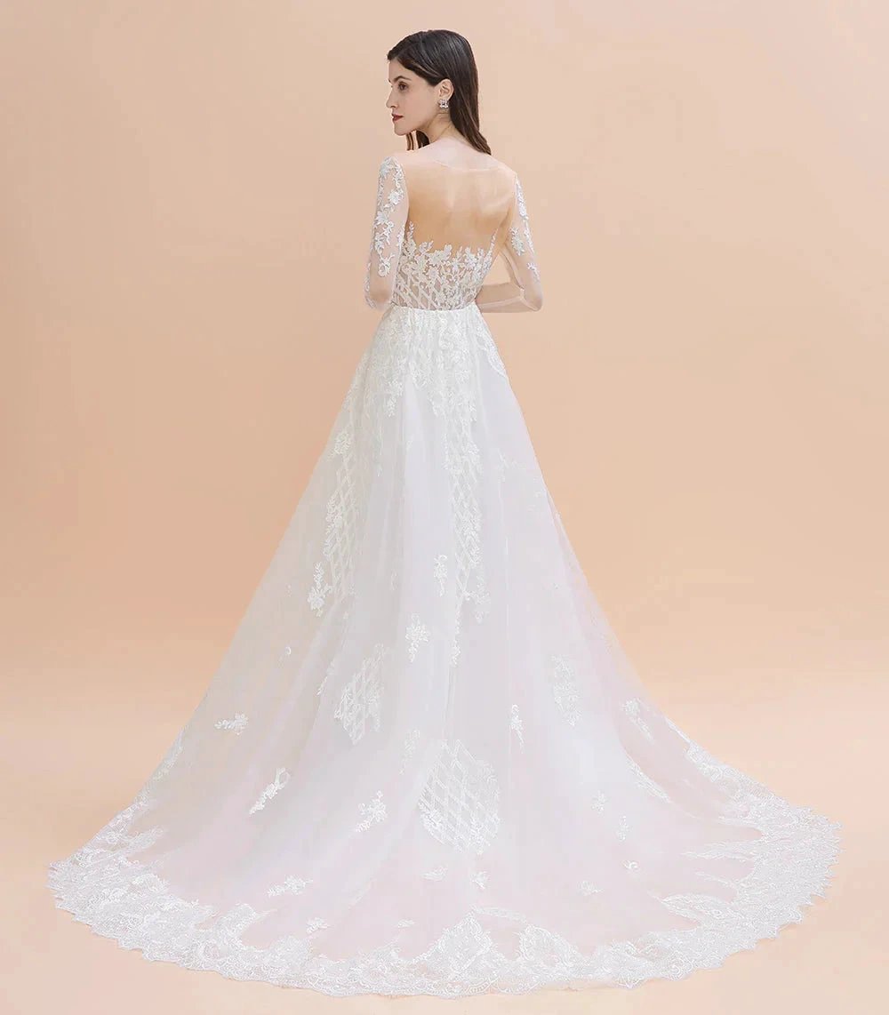 Luxury Beaded Lace Mermaid Wedding Dresses Tulle Appliques Bride Dresses with Detachable Train by misshow.com