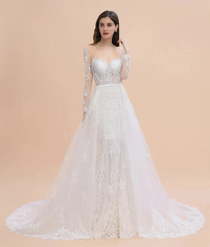 Luxury Beaded Lace Mermaid Wedding Dresses Tulle Appliques Bride Dresses with Detachable Train by misshow.com