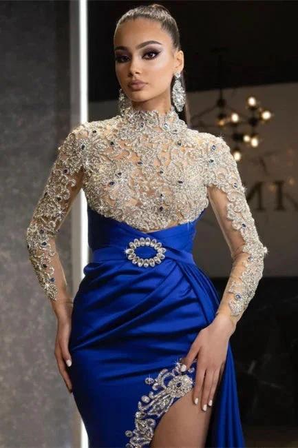 Robe de soirée maxi sirène en satin bleu royal à bretelles de luxe, manches longues, cristaux, appliqués dorés, pour fête