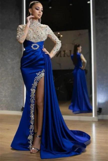 Robe de soirée maxi sirène en satin bleu royal à bretelles de luxe, manches longues, cristaux, appliqués dorés, pour fête