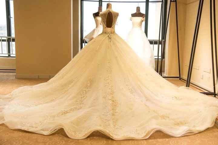 Luxury Illusion Neck Lace-up Tulle Ball Gown Wedding Dress Modest Ivory Sparkle Bridal Gowns by misshow.com