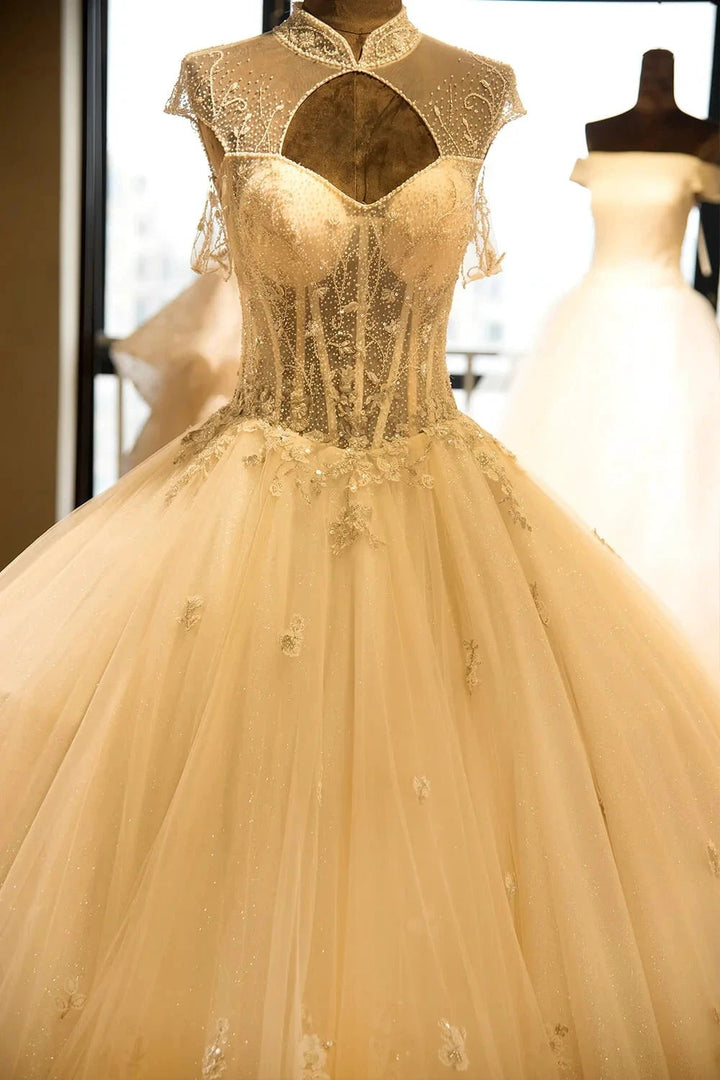 Luxury Illusion Neck Lace-up Tulle Ball Gown Wedding Dress Modest Ivory Sparkle Bridal Gowns by misshow.com