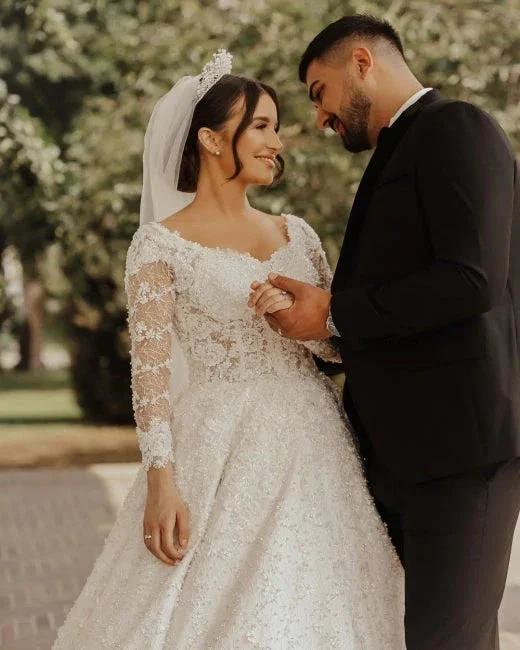 Luxury lace wedding dresses | A line wedding dresses with sleeves by misshow.com