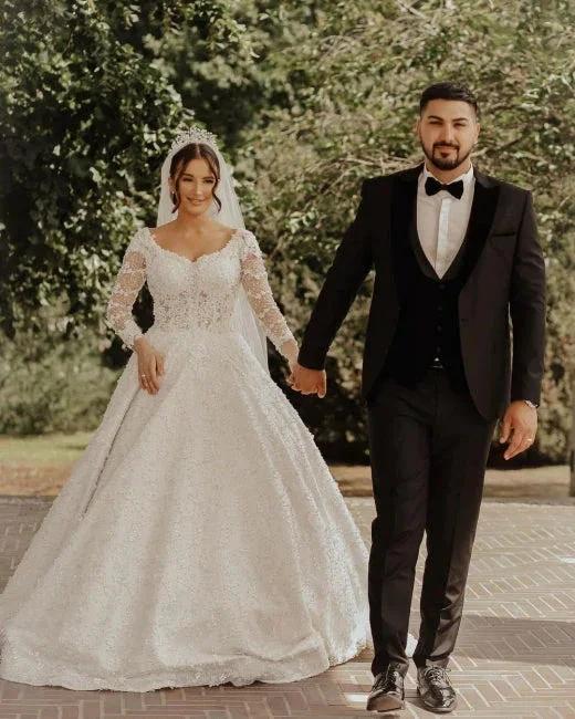 Luxury lace wedding dresses | A line wedding dresses with sleeves by misshow.com