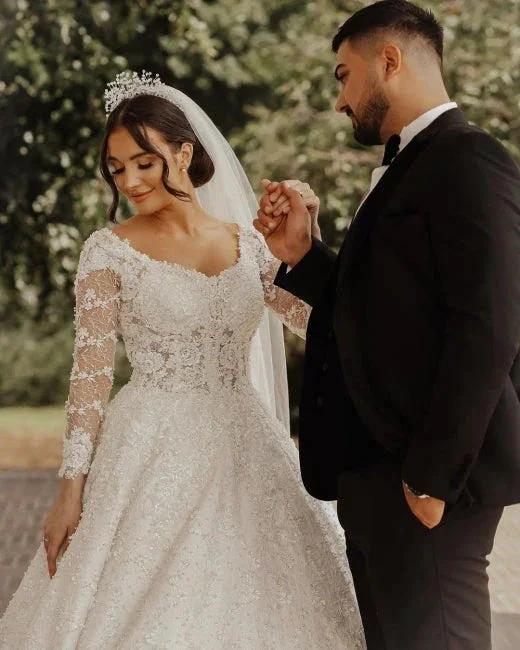 Luxury lace wedding dresses | A line wedding dresses with sleeves by misshow.com