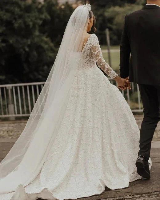 Luxury lace wedding dresses | A line wedding dresses with sleeves by misshow.com