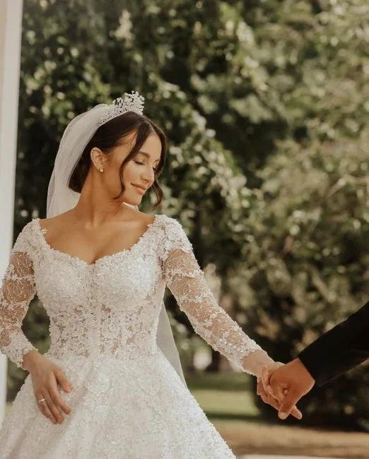 Luxury lace wedding dresses | A line wedding dresses with sleeves by misshow.com