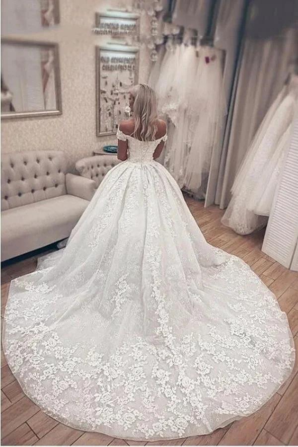 Luxury Long A-Line Off the Shoulder Lace Wedding Dresses by BIZTUNNEL