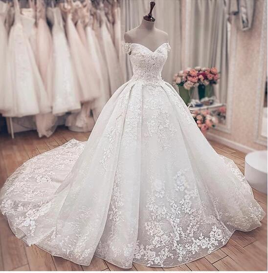 Luxury Long A-Line Off the Shoulder Lace Wedding Dresses by BIZTUNNEL