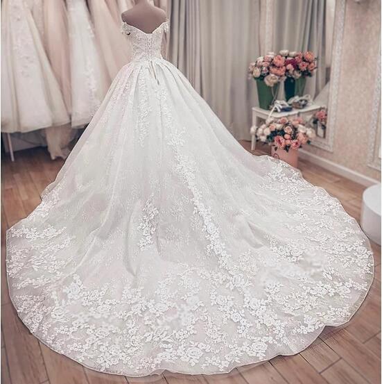 Luxury Long A-Line Off the Shoulder Lace Wedding Dresses by BIZTUNNEL