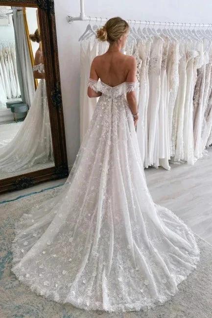 Luxury Long A-Line Off-the-shoulder Lace Wedding Dresses With Glitter by misshow.com
