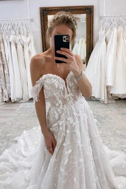 Luxury Long A-Line Off-the-shoulder Lace Wedding Dresses With Glitter by misshow.com