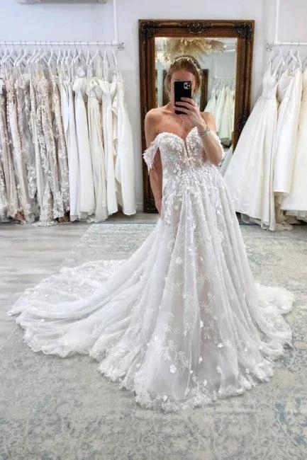Luxury Long A-Line Off-the-shoulder Lace Wedding Dresses With Glitter by misshow.com