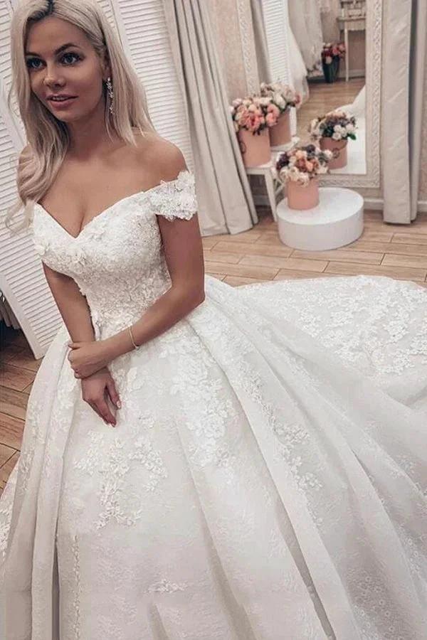 Luxury Long A-Line Off the Shoulder Lace Wedding Dresses by BIZTUNNEL